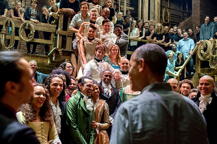The President greets the cast and crew of 'Hamilton' after seeing the play with his daughters at the Richard Rodgers Theatre in New York City