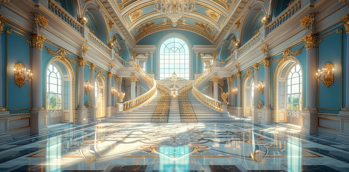 A realistic fantasy interior of the royal palace. gold and red palace. castle interior.