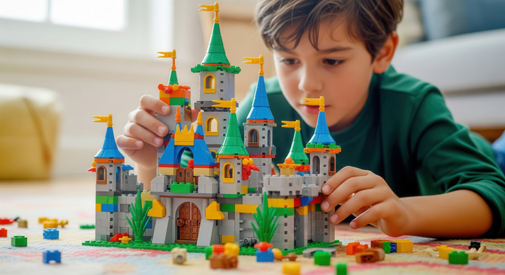 A young boy is happily building a colorful toy castle on the floor at home, enjoying creative play and constructing with building blocks