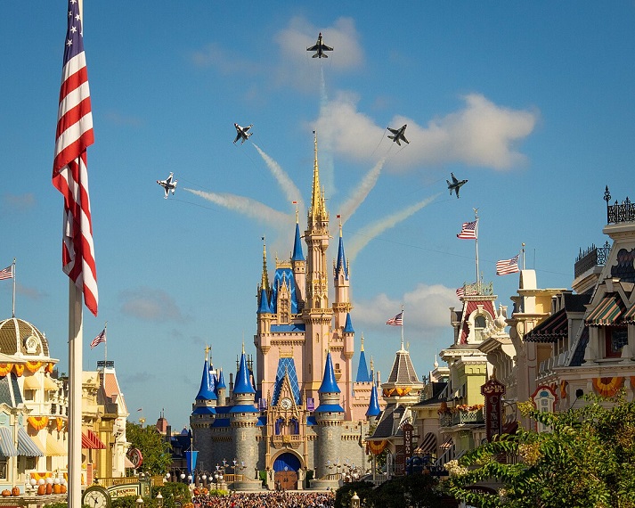 The United States Air Force Air Demonstration Squadron &ldquo;Thunderbirds&rdquo; performs a flyover over Magic Kingdom Park and EPCOT, Florida., October 30, 2023.