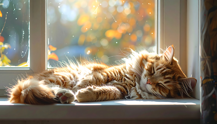 Ginger cat sleeping peacefully on a sunlit windowsill, with autumn leaves visible outside
