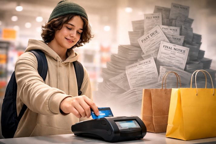 A teen casually tapping a credit card at a store, with a faint shadow behind them showing growing bills piling up