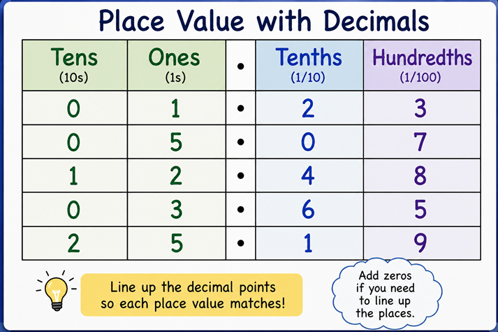 A rectangular image of place-value columns labeled ones, tenths, and hundredths with decimal numbers neatly lined up underneath.
