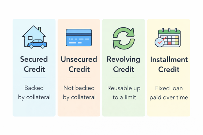 Simple comparison chart showing four credit types with icons (house, credit card, loop arrows, calendar payments)