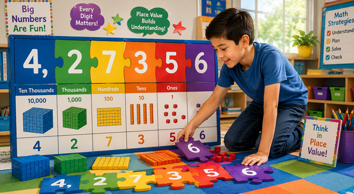 A student solving a giant number puzzle with place value blocks and charts, bright and engaging classroom setting, wide rectangular layout