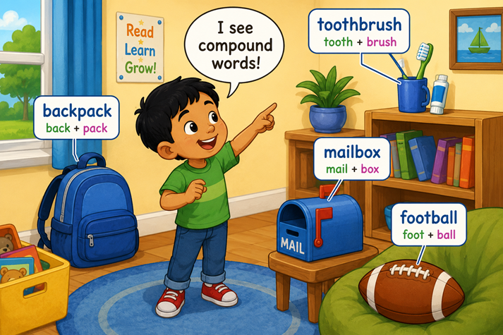 A rectangular scene showing a child spotting compound words around a room, including a backpack, toothbrush, mailbox, and football.