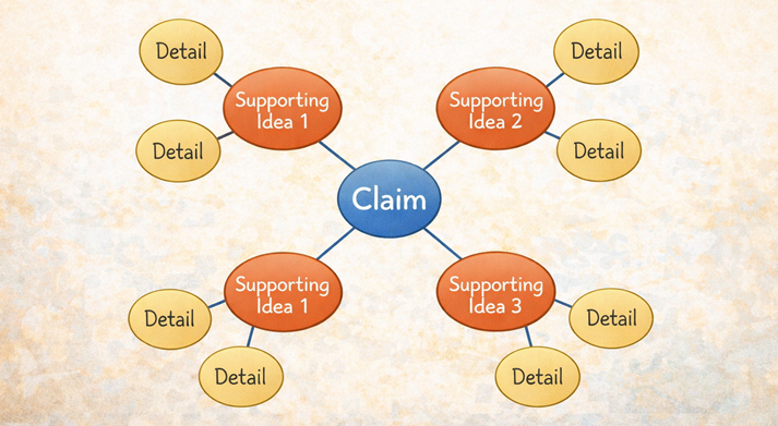 A clean cluster map with a central claim, three main branches, and smaller detail branches spreading outward.