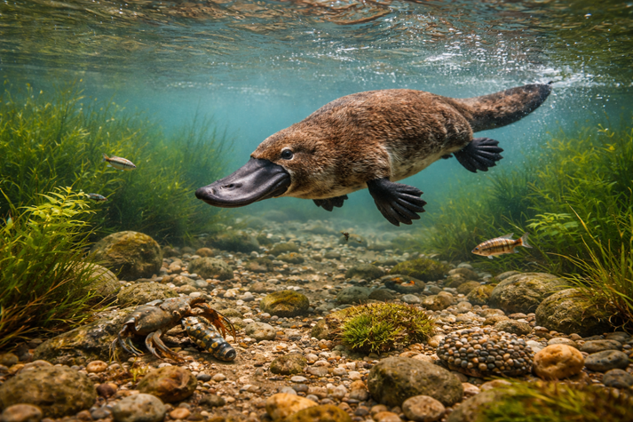 Clean river with plants and small aquatic animals