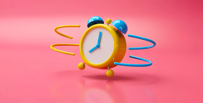 A vibrant 3D rendering of a yellow and blue alarm clock ringing, symbolizing time management, deadlines, and morning wake-up calls.