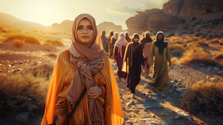 Group of women walking in desert with sunset background