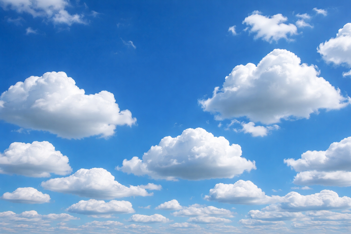 A bright blue sky filled with white, fluffy cumulus clouds with flat bottoms and rounded tops