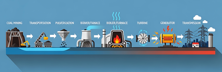 Step-by-step infographic illustrating the coal power plant process from mining to electricity generation and transmission