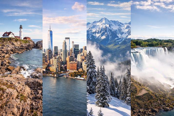 A colorful collage showing a rocky Atlantic coastline, a busy city skyline (like New York City), snowy mountains, and a large waterfall.