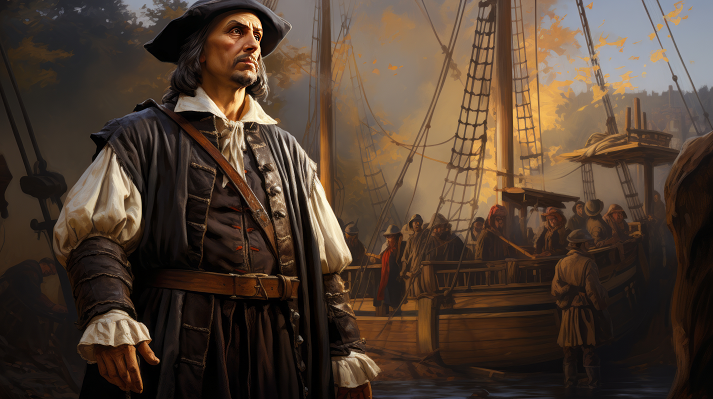 Christopher Columbus near his ship
