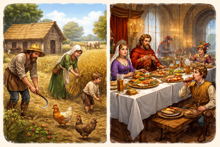 A split image showing a peasant family working in a field on one side and a noble family eating in a castle on the other side