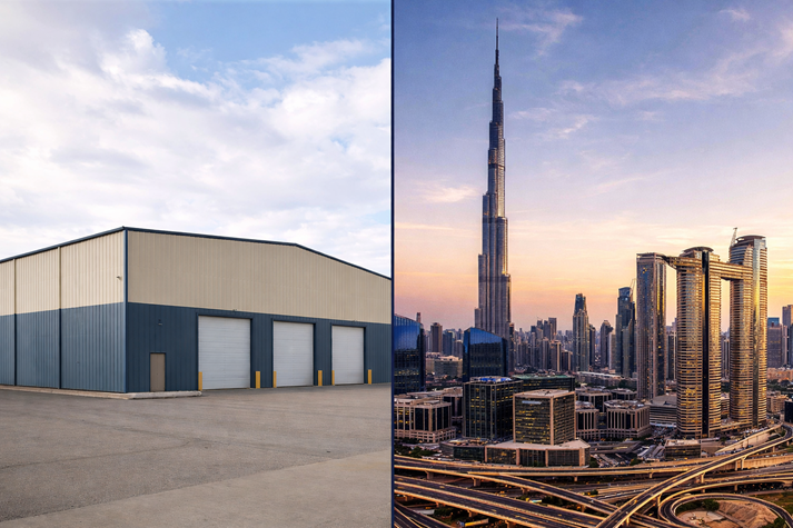 A side-by-side comparison of a plain warehouse and a dramatic skyscraper skyline.