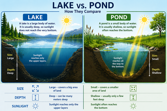 A labeled diagram comparing a lake and a pond, showing size, depth, and sunlight reaching the bottom