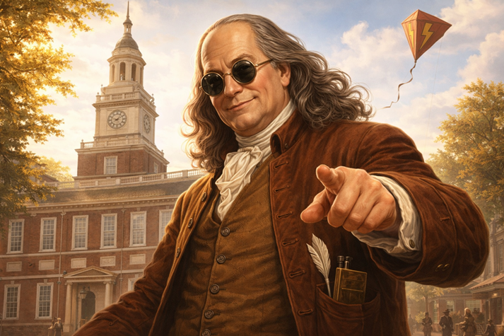 Benjamin Franklin in front of Independence Hall