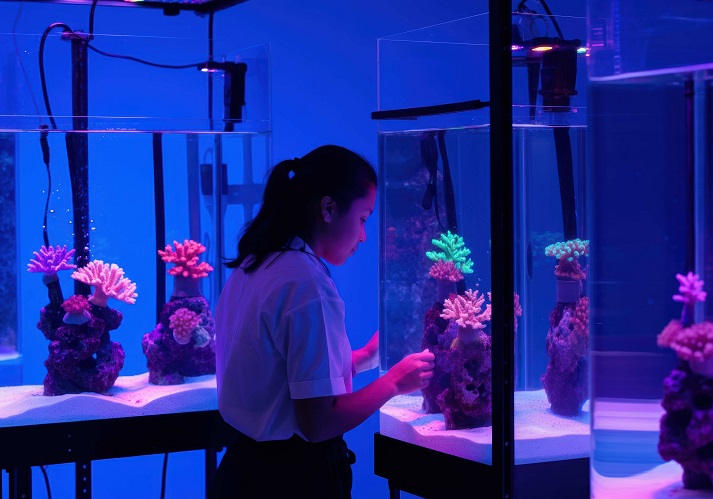 Coral research in aquarium by marine biologist