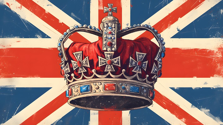 A royal crown and the United Kingdom flag A royal crown set against the backdrop of the United Kingdom flag, symbolizing monarchy and heritage.