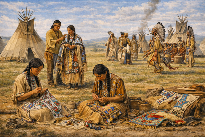 A rectangular scene of a Plains campsite where individuals are crafting beadwork and decorated clothing, while others prepare for or take part in a respectful ceremony, showing detailed patterns, movement, and connection to tradition.
