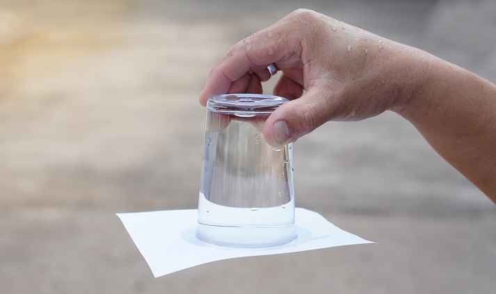 cup full of water being held upside down