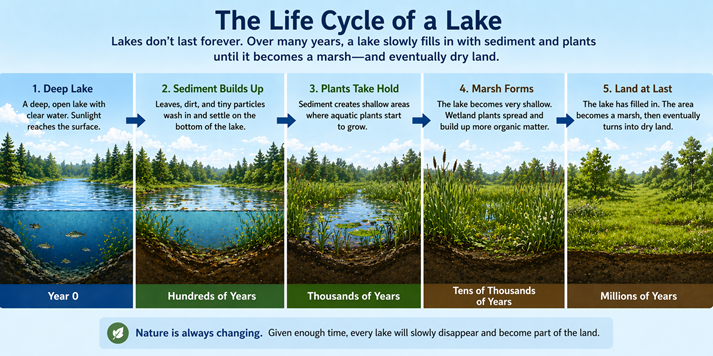 A sequence showing a lake slowly filling with plants and sediment over time, turning into a marsh