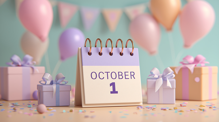 A pastel-themed October first celebration with gifts, balloons, and a calendar on a light blue background