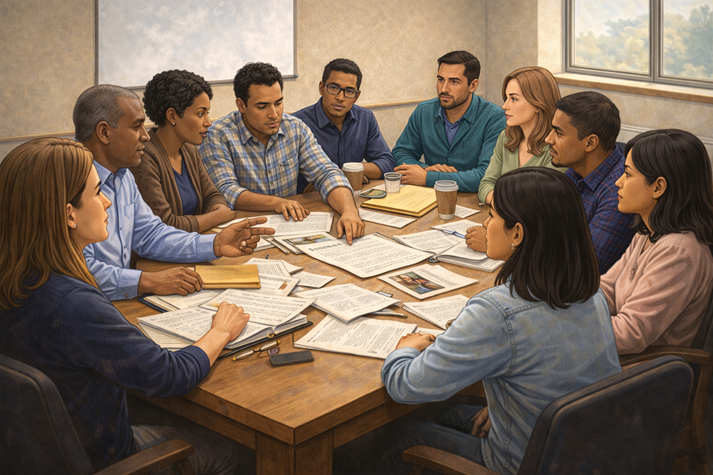 A diverse group of jurors sits around a table reviewing evidence and discussing the case during deliberation.
