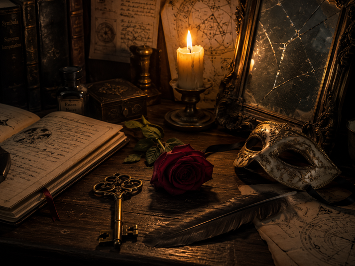 Antique study with candlelight and relics