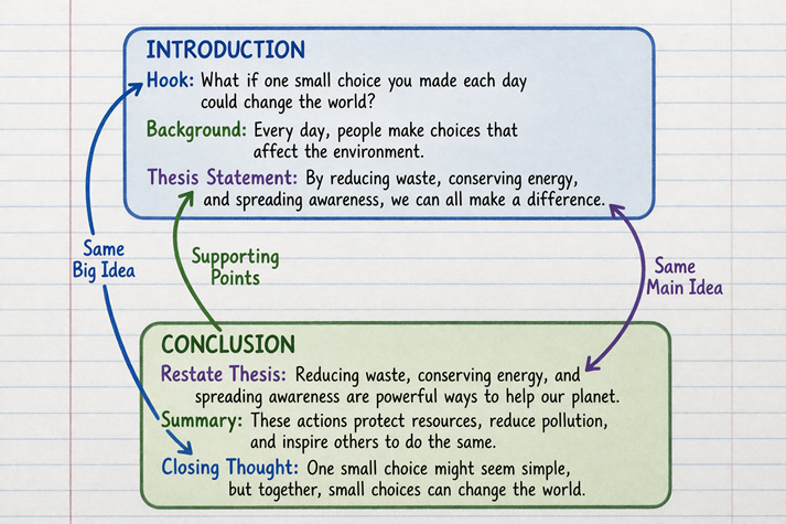 A paragraph showing the introduction at the top and conclusion at the bottom with arrows connecting similar ideas.