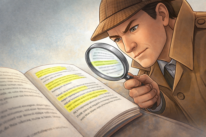 A detective with a magnifying glass examining highlighted lines in a book