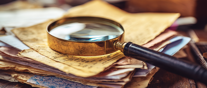 The Magnifying Glass on Vintage Stacked Documents Evoking Investigation and Research