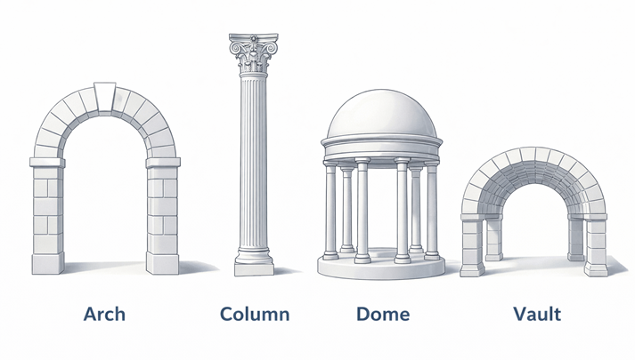 Diagram labeling architectural elements such as arch, column, dome, and vault.