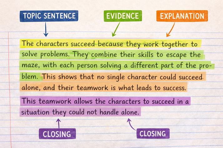A full paragraph with color-coded sections: topic sentence, evidence, explanation, and closing.