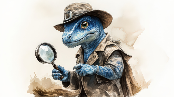 Charming blue dinosaur dressed as a detective, holding a magnifying glass