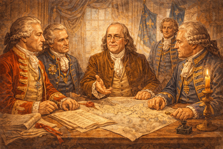 A thoughtful Benjamin Franklin in formal clothing, standing between two groups representing Britain and the colonies