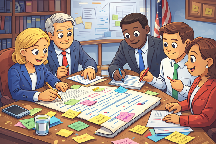 A group of lawmakers sitting around a table reviewing a document with sticky notes and edits