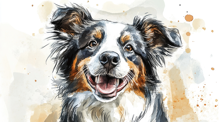 Watercolor illustration of a playful smiling fluffy Collie