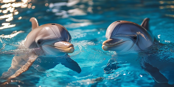 Playful dolphins swimming together in a clear blue pool