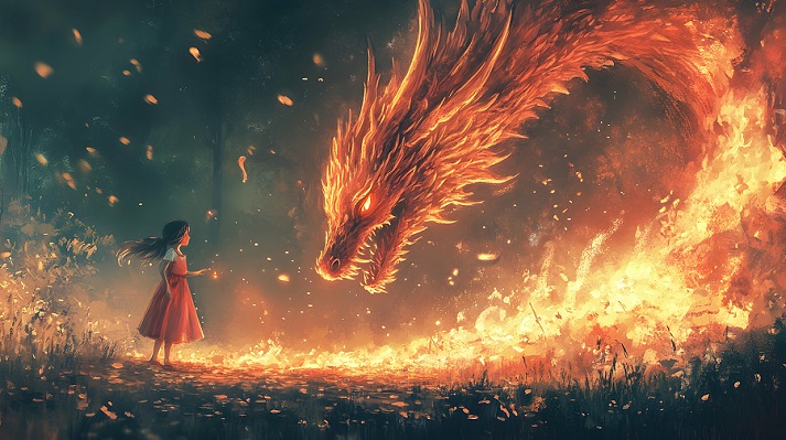 young girl meets fiery dragon in enchanted forest