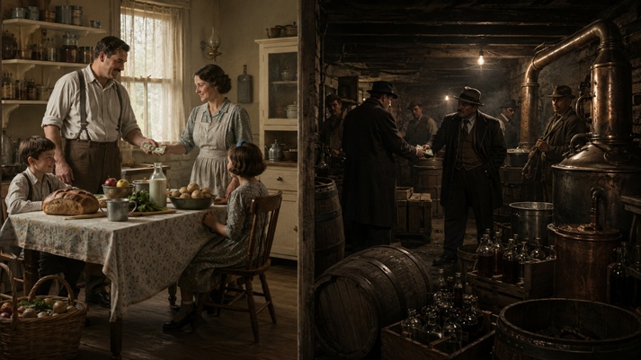 Wholesome family kitchen vs. hidden distillery