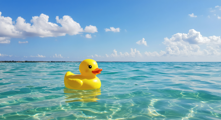 Duckling Afloat: A vibrant yellow rubber ducky floats serenely on the clear, azure waters, gently swaying under a bright, cloud-scattered sky