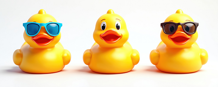 Three yellow rubber ducks in sunglasses over isolated background.