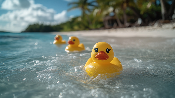 Yellow rubber ducks in shallow ocean waves near white sand beach