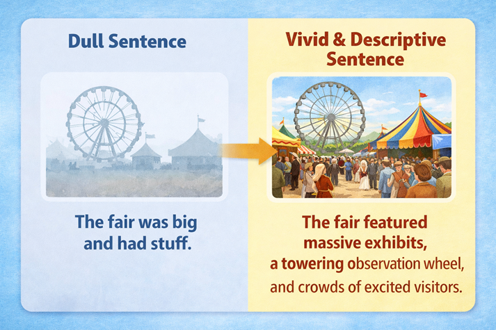 Side-by-side comparison image showing a dull sentence vs. a vivid, descriptive version illustrated visually.
