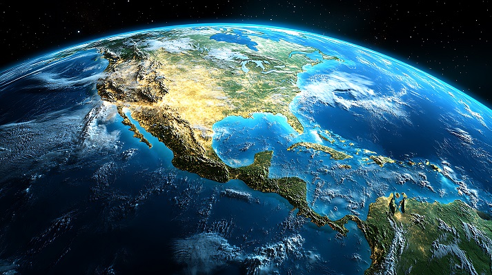 Detailed satellite view of North America and Central America from space, showing landmasses, oceans, and cloud cover.