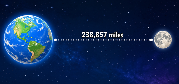 picture of Earth and the moon with a long dotted line between them labeled “238,857 miles.”