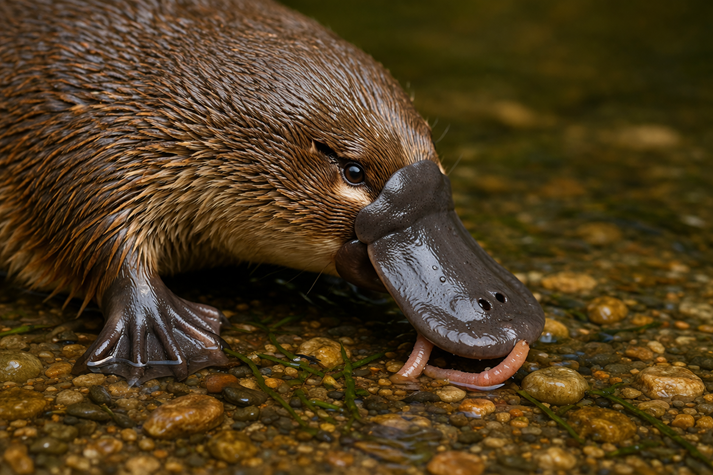Platypus foraging in shallow water