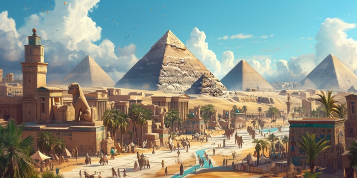 An ancient Egyptian city An ancient Egyptian city at the peak of its glory, with pyramids, Sphinx, and bustling markets